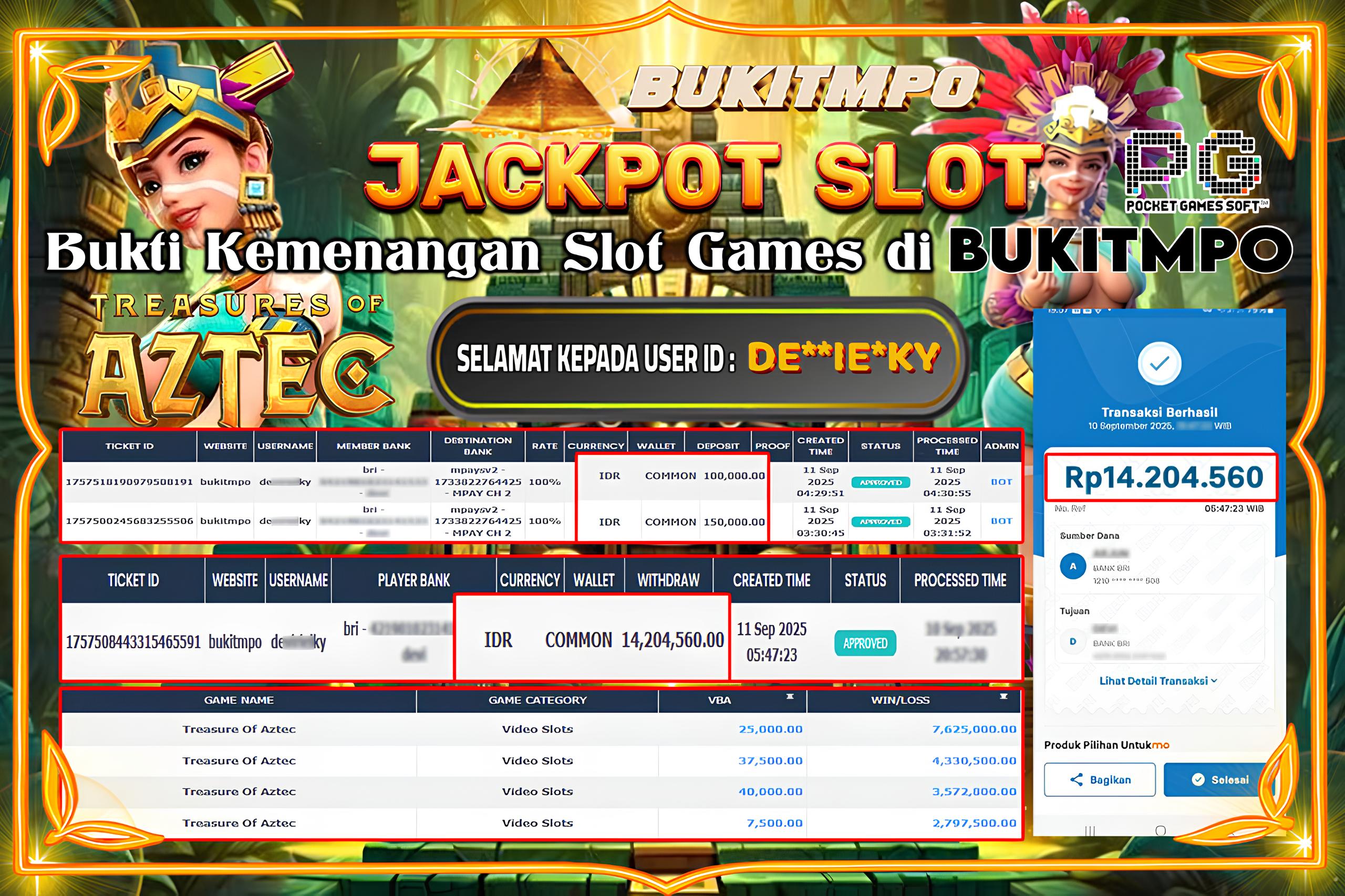 BUKITMPO JACKPOT  TREASURES OF AZTEC Rp.14.204.560,- LUNAS